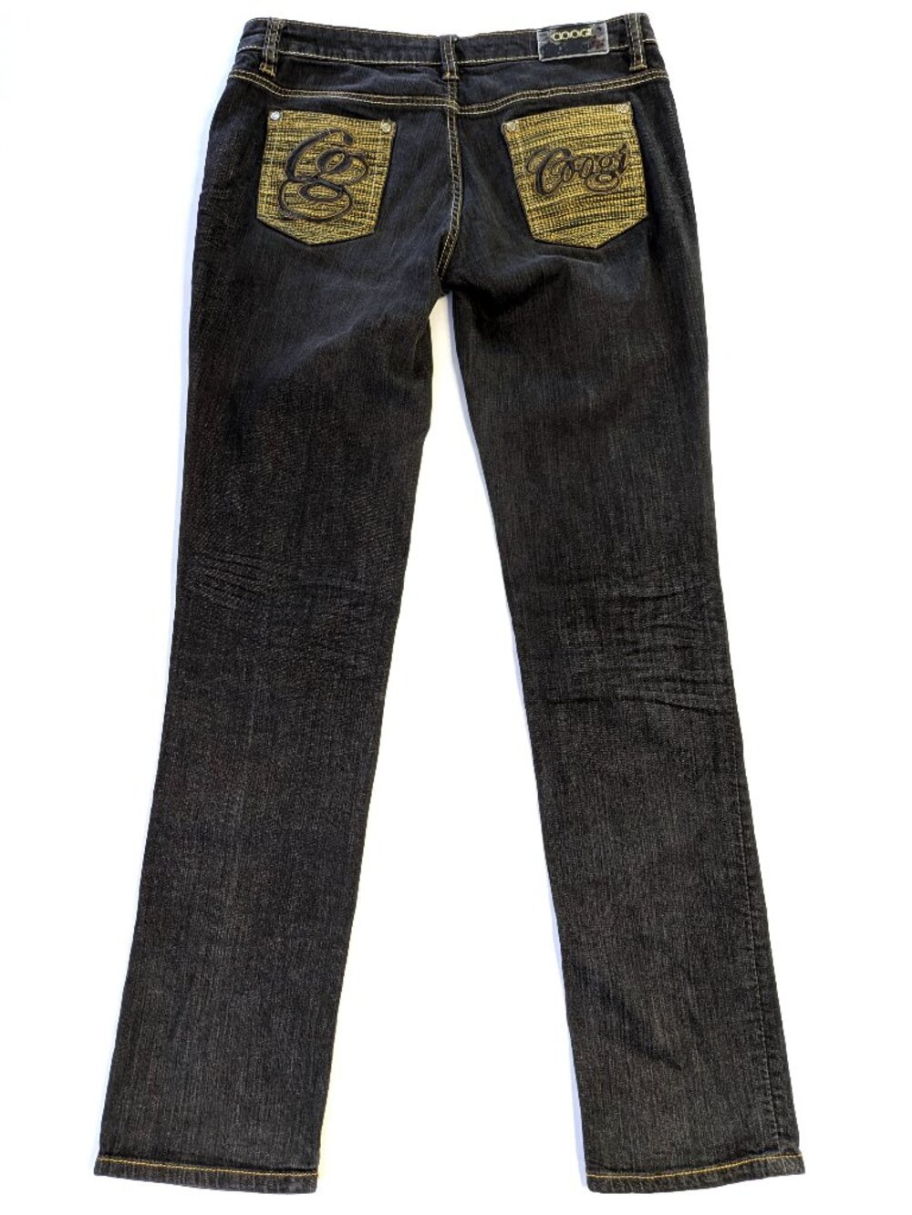 Coogi Jeans Womens 9/10 Dark Straight Leg Golden Embroidered Knit Pockets 32x33
